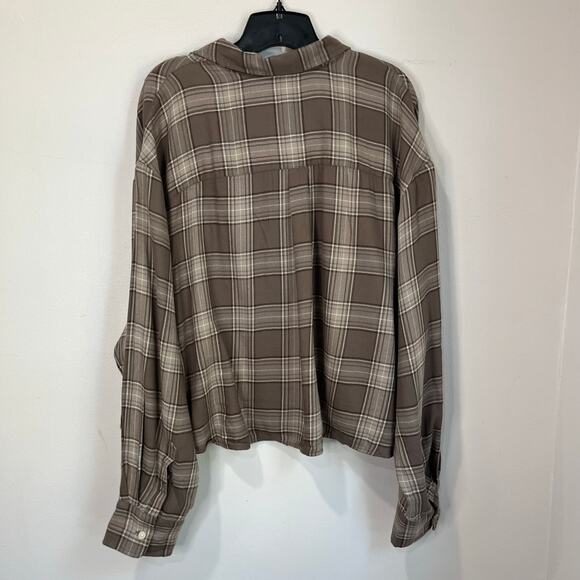 GAP Brown Plaid Cropped Flannel Button Down Shirt XXL Soft Casual Fall - Picture 3 of 10
